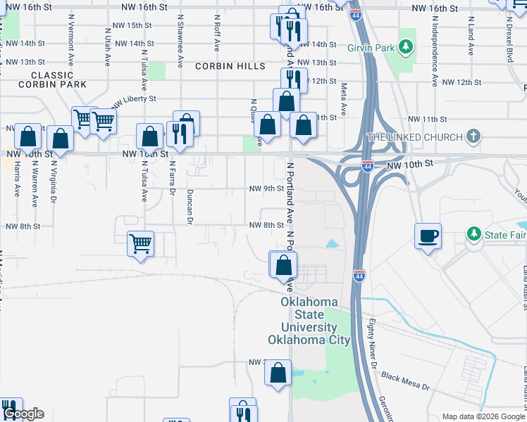 map of restaurants, bars, coffee shops, grocery stores, and more near 3748 Northwest 9th Street in Oklahoma City