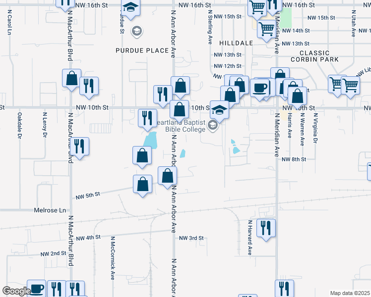map of restaurants, bars, coffee shops, grocery stores, and more near 900 North Ann Arbor Avenue in Oklahoma City