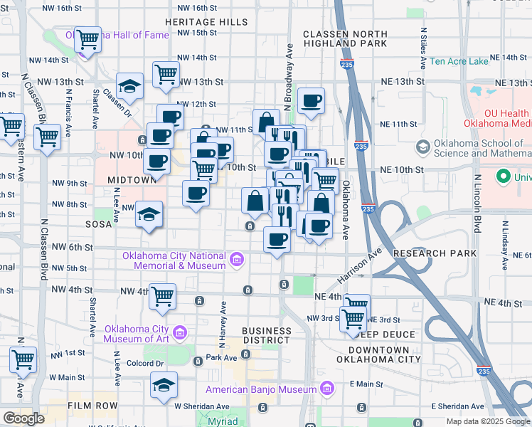 map of restaurants, bars, coffee shops, grocery stores, and more near 111 Northwest 8th Street in Oklahoma City