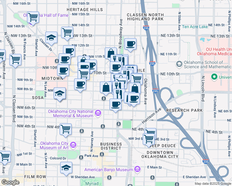 map of restaurants, bars, coffee shops, grocery stores, and more near 111 Northwest 8th Street in Oklahoma City