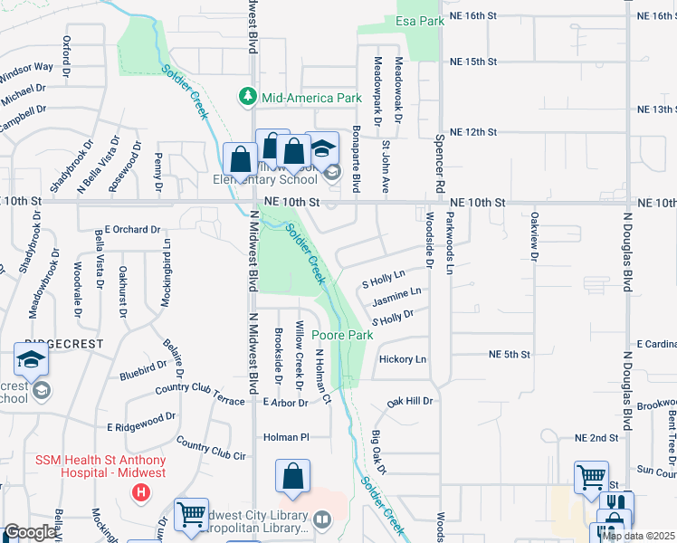 map of restaurants, bars, coffee shops, grocery stores, and more near 914 Locust Drive in Midwest City