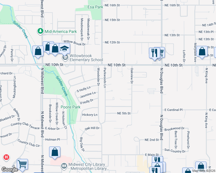 map of restaurants, bars, coffee shops, grocery stores, and more near 1313 Pinewood Court in Midwest City