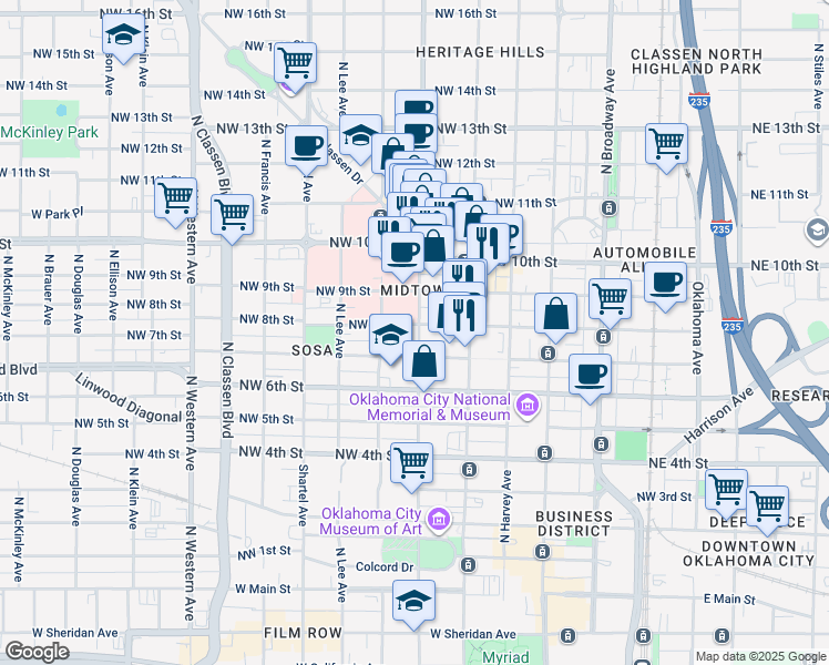 map of restaurants, bars, coffee shops, grocery stores, and more near 427 Northwest 8th Street in Oklahoma City