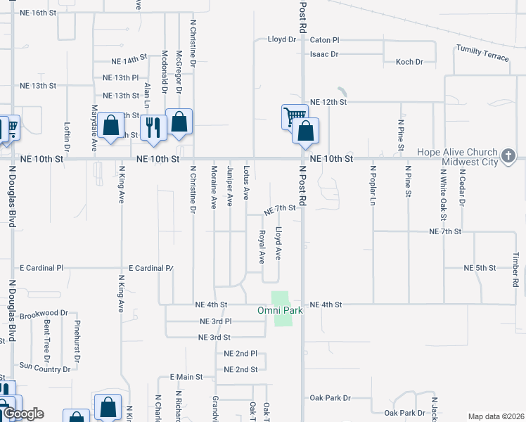 map of restaurants, bars, coffee shops, grocery stores, and more near 9817 Northeast 7th Street in Midwest City