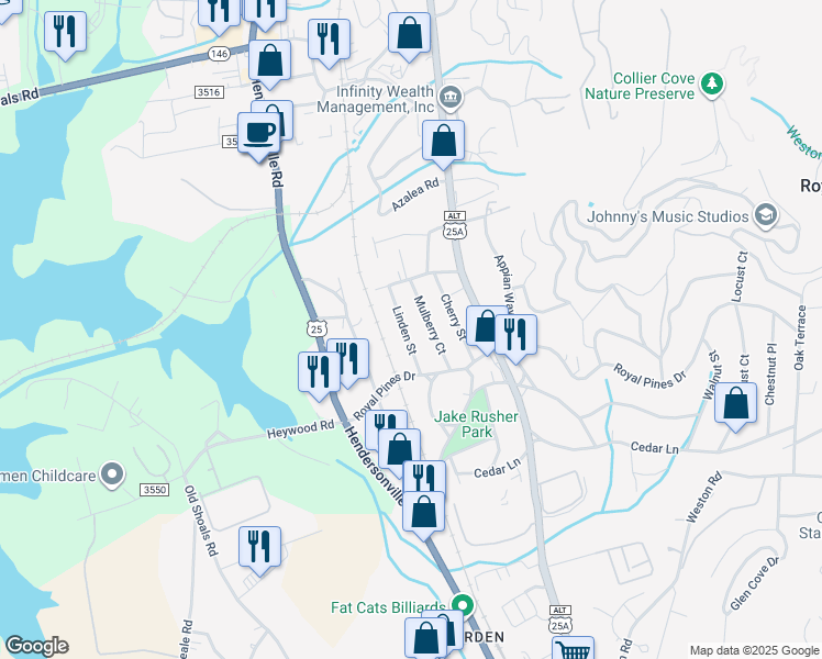 map of restaurants, bars, coffee shops, grocery stores, and more near 41 Linden Street in Arden