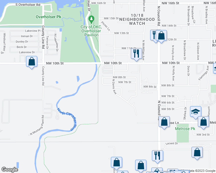 map of restaurants, bars, coffee shops, grocery stores, and more near 8308 Northwest 7th Street in Oklahoma City