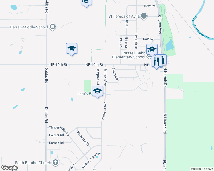 map of restaurants, bars, coffee shops, grocery stores, and more near 943 Harrison Street in Harrah