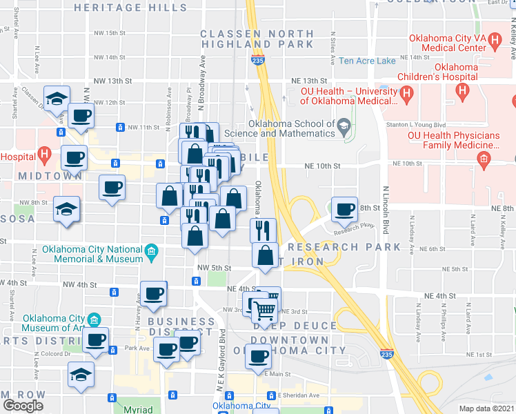 map of restaurants, bars, coffee shops, grocery stores, and more near NE 8th St & NW 8th St in Oklahoma City