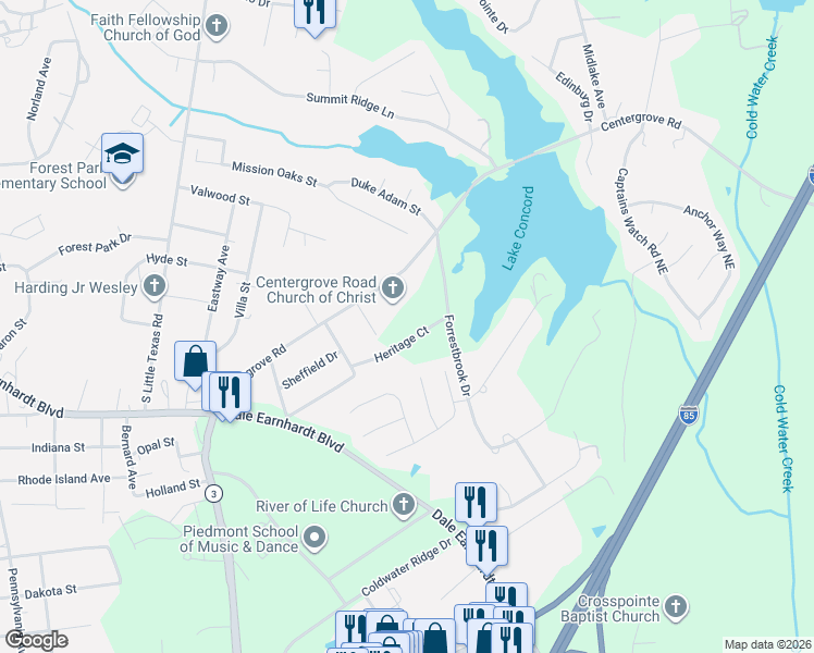 map of restaurants, bars, coffee shops, grocery stores, and more near 2306 Centergrove Road in Kannapolis