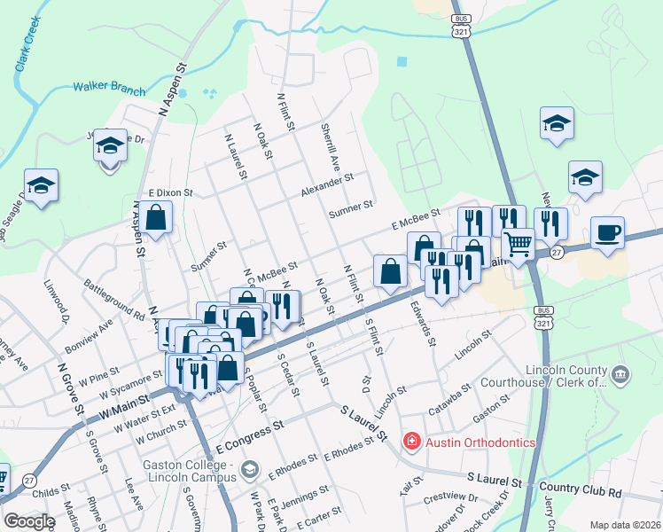 map of restaurants, bars, coffee shops, grocery stores, and more near 322 North Flint Street in Lincolnton