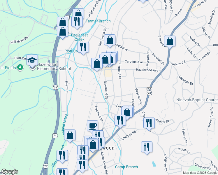 map of restaurants, bars, coffee shops, grocery stores, and more near 1226 Brown Avenue in Waynesville