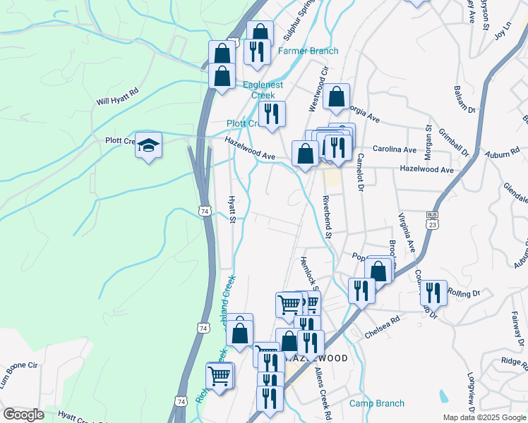 map of restaurants, bars, coffee shops, grocery stores, and more near 105 Mosaic Place in Waynesville