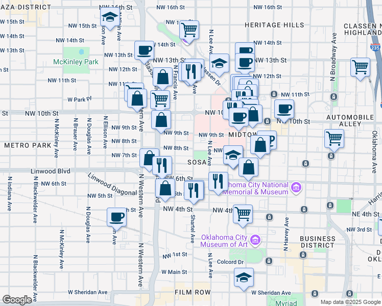 map of restaurants, bars, coffee shops, grocery stores, and more near 731 Northwest 8th Street in Oklahoma City