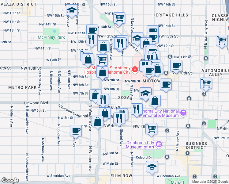 map of restaurants, bars, coffee shops, grocery stores, and more near 829 Northwest 8th Street in Oklahoma City