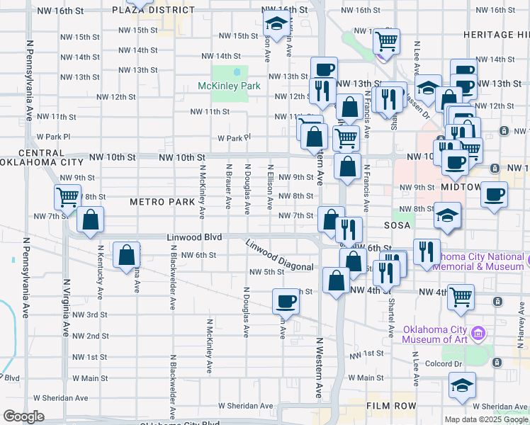 map of restaurants, bars, coffee shops, grocery stores, and more near 820 North Ellison Avenue in Oklahoma City