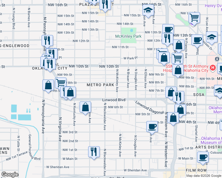 map of restaurants, bars, coffee shops, grocery stores, and more near 1604 Northwest 8th Street in Oklahoma City