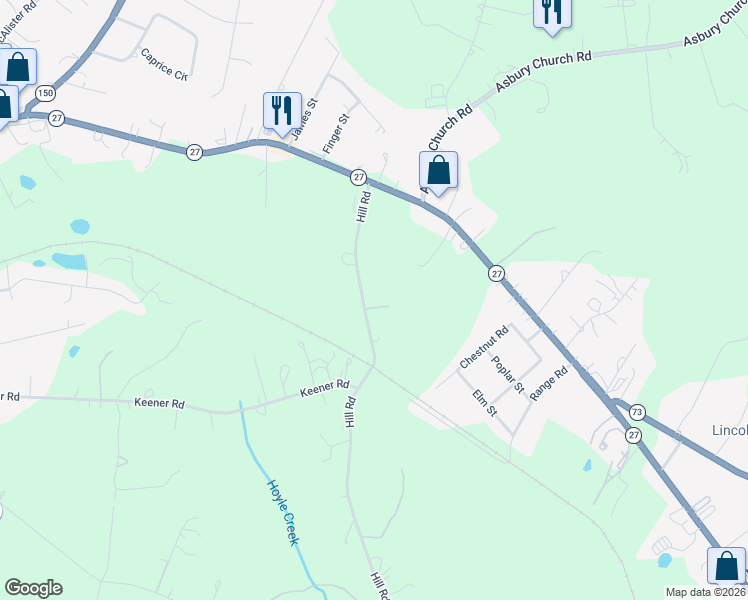 map of restaurants, bars, coffee shops, grocery stores, and more near 257 Hill Road in Lincolnton