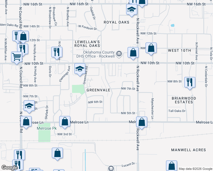 map of restaurants, bars, coffee shops, grocery stores, and more near 902 Whispering Oak Road in Oklahoma City
