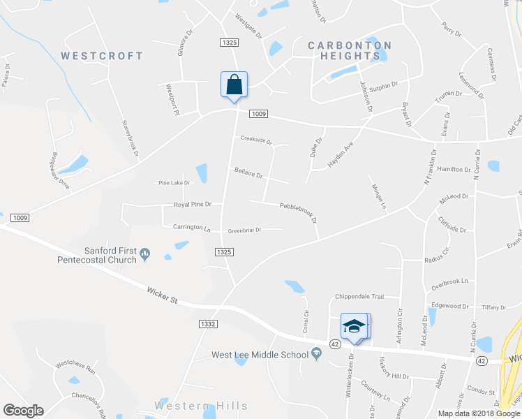 map of restaurants, bars, coffee shops, grocery stores, and more near 2721 Pebblebrook Drive in Sanford