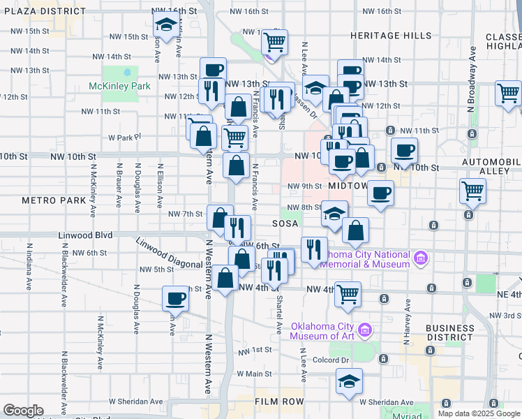 map of restaurants, bars, coffee shops, grocery stores, and more near 829 Northwest 8th Street in Oklahoma City