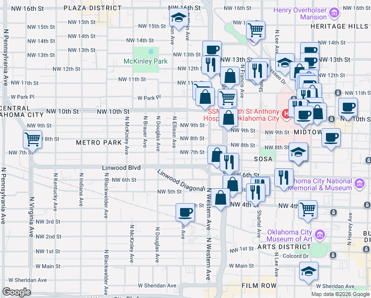 map of restaurants, bars, coffee shops, grocery stores, and more near 1134 Northwest 8th Street in Oklahoma City