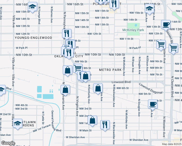 map of restaurants, bars, coffee shops, grocery stores, and more near 815 North Kentucky Avenue in Oklahoma City