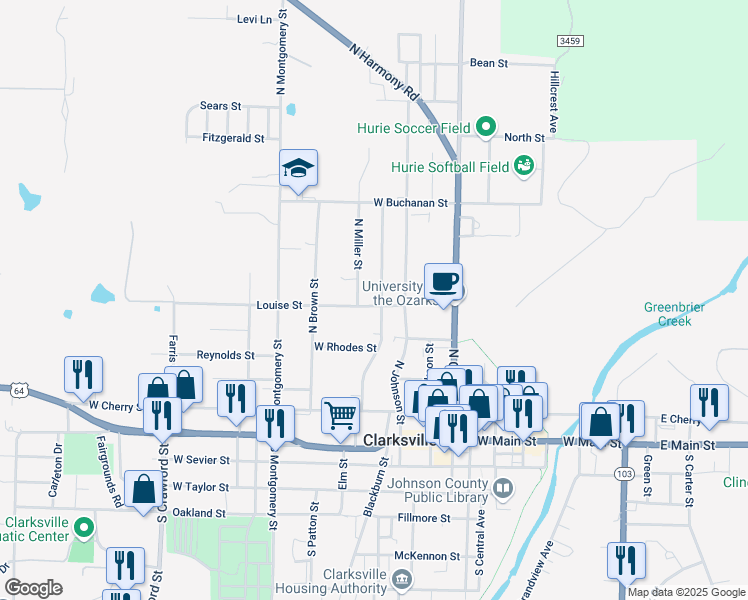map of restaurants, bars, coffee shops, grocery stores, and more near 608 Louise Street in Clarksville