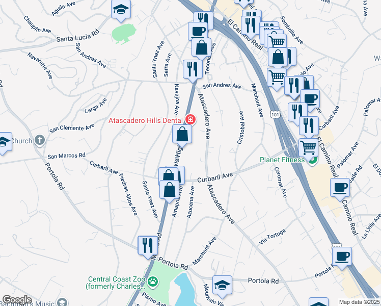 map of restaurants, bars, coffee shops, grocery stores, and more near 7623 Morro Road in Atascadero