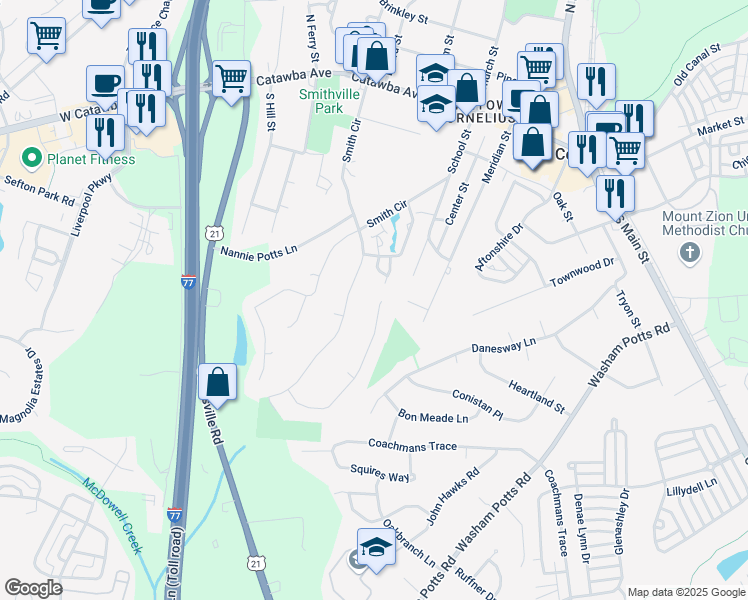 map of restaurants, bars, coffee shops, grocery stores, and more near 21239 Pine Ridge Drive in Cornelius