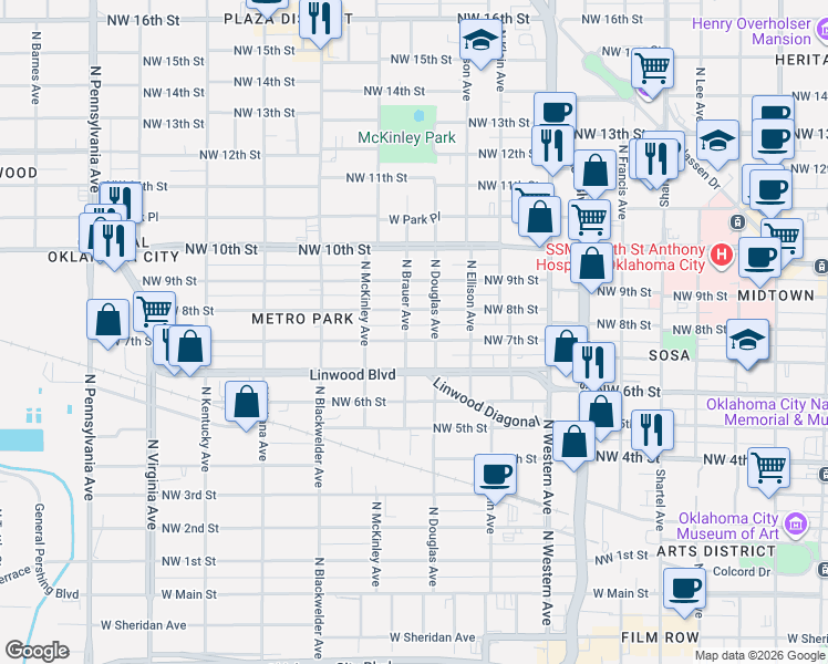 map of restaurants, bars, coffee shops, grocery stores, and more near 819 North Brauer Avenue in Oklahoma City