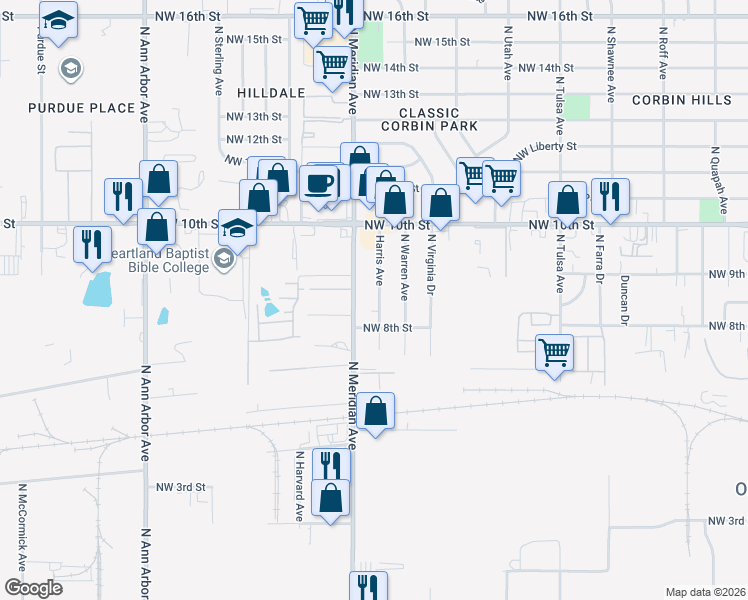 map of restaurants, bars, coffee shops, grocery stores, and more near 919 Harris Avenue in Oklahoma City