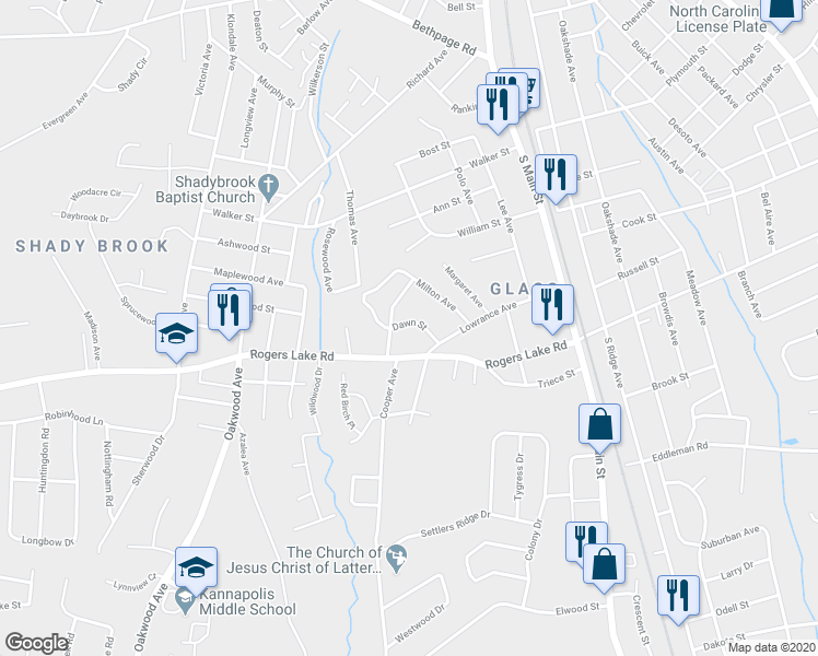 map of restaurants, bars, coffee shops, grocery stores, and more near 507 Dawn Street in Kannapolis