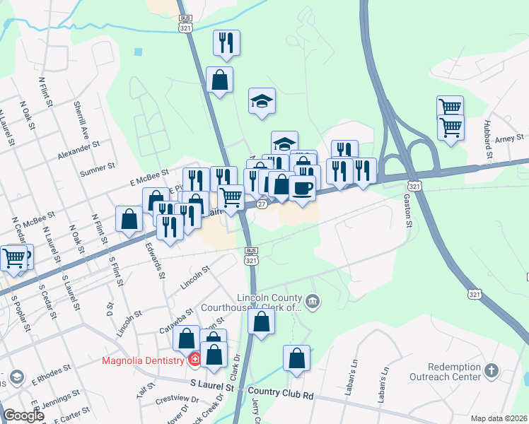 map of restaurants, bars, coffee shops, grocery stores, and more near 1408 North Carolina 27 in Lincolnton
