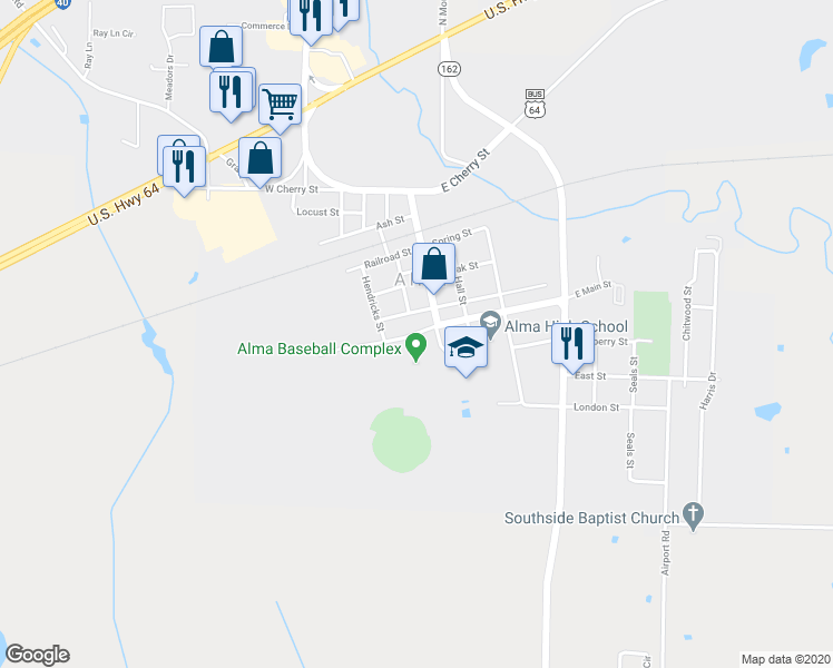 map of restaurants, bars, coffee shops, grocery stores, and more near 430 West Main Street in Alma