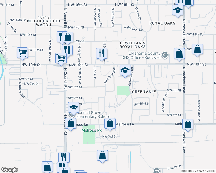 map of restaurants, bars, coffee shops, grocery stores, and more near 909 Flamingo Avenue in Oklahoma City