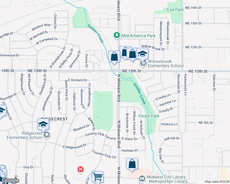 map of restaurants, bars, coffee shops, grocery stores, and more near 947 North Midwest Boulevard in Midwest City