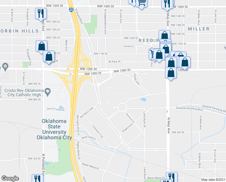 map of restaurants, bars, coffee shops, grocery stores, and more near 3220 Pioneer Woman Road in Oklahoma City