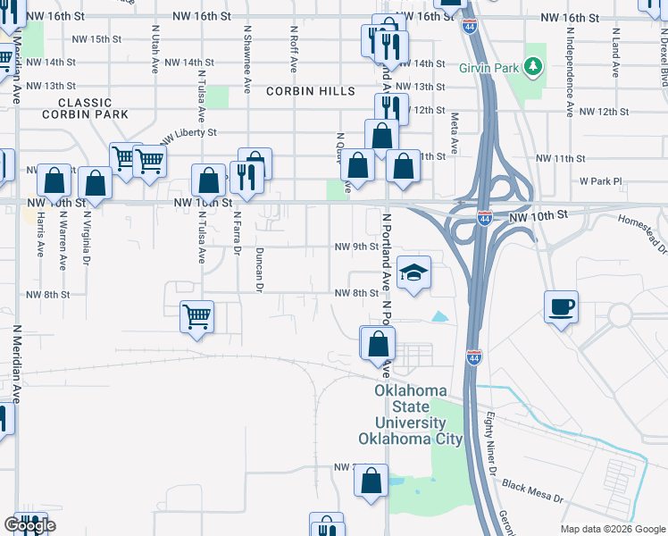 map of restaurants, bars, coffee shops, grocery stores, and more near 3748 Northwest 9th Street in Oklahoma City