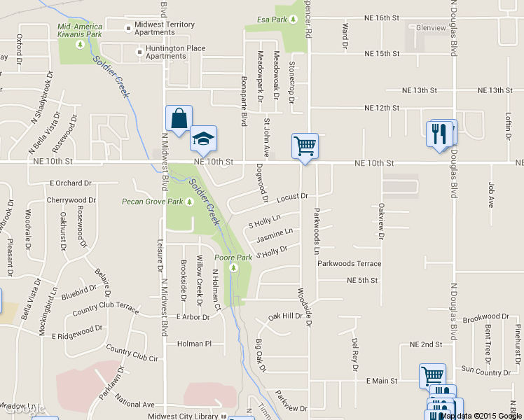 map of restaurants, bars, coffee shops, grocery stores, and more near 1020 Locust Drive in Midwest City