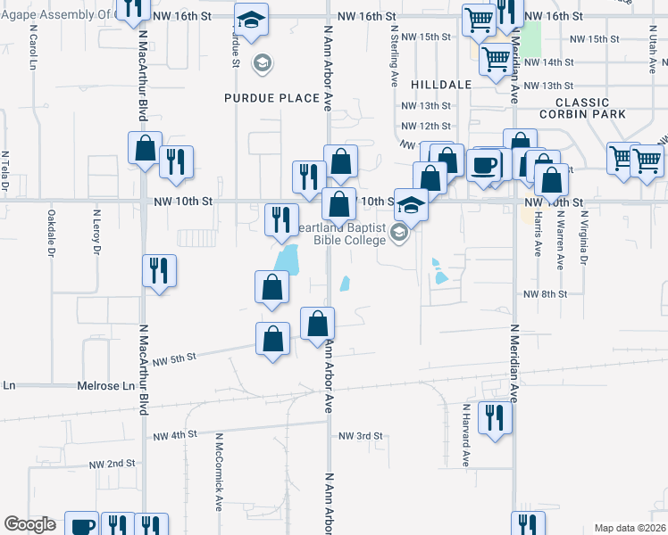 map of restaurants, bars, coffee shops, grocery stores, and more near 905 North Andrews Drive in Oklahoma City