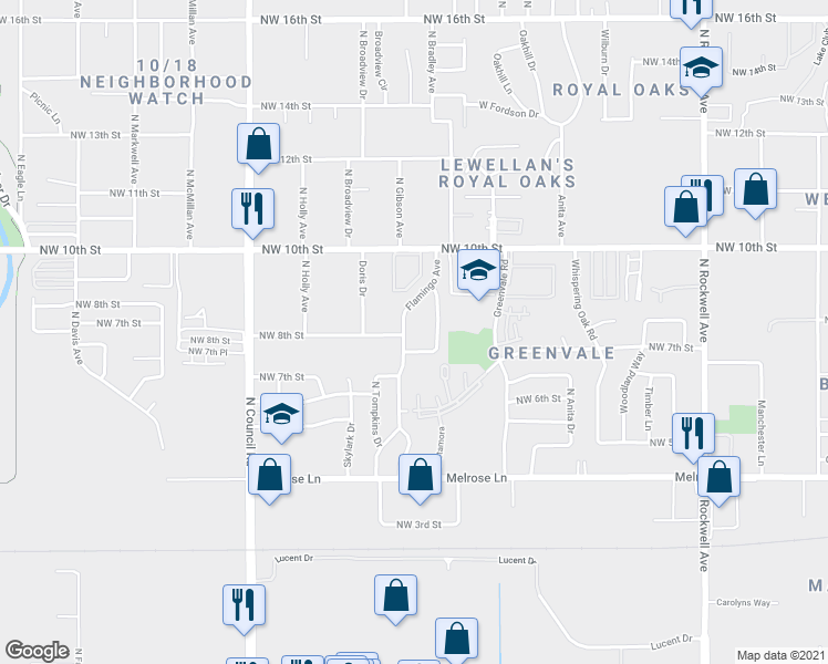 map of restaurants, bars, coffee shops, grocery stores, and more near 909 Flamingo Avenue in Oklahoma City