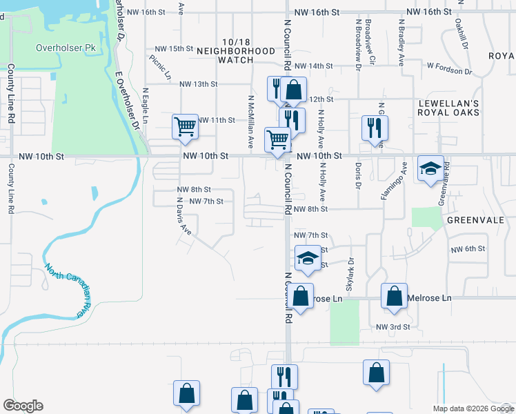 map of restaurants, bars, coffee shops, grocery stores, and more near 8013 Northwest 8th Terrace in Oklahoma City