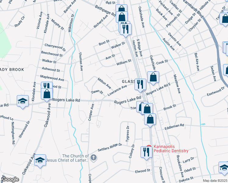 map of restaurants, bars, coffee shops, grocery stores, and more near Lowrance Avenue in Kannapolis
