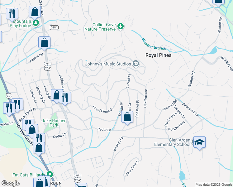 map of restaurants, bars, coffee shops, grocery stores, and more near 430 Royal Pines Drive in Arden