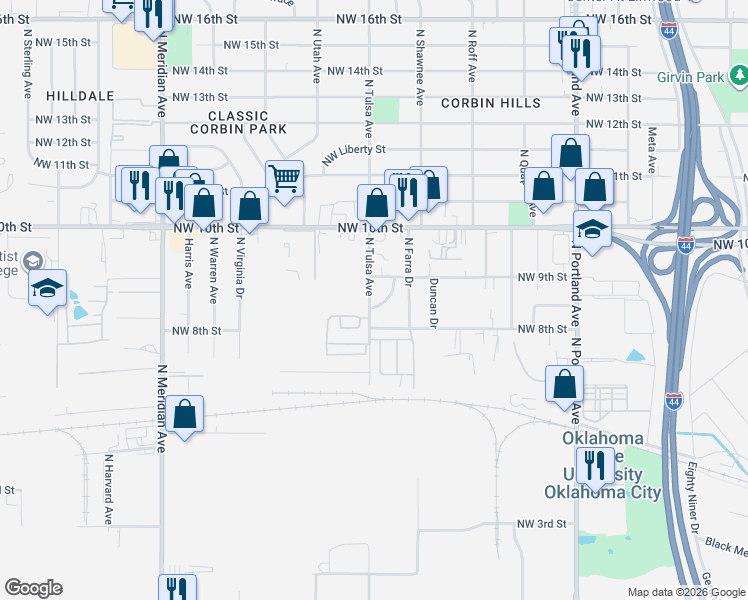 map of restaurants, bars, coffee shops, grocery stores, and more near 4031 Farra Road in Oklahoma City
