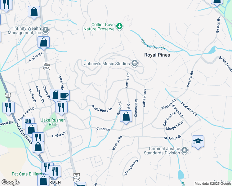 map of restaurants, bars, coffee shops, grocery stores, and more near 411 Royal Pines Drive in Arden