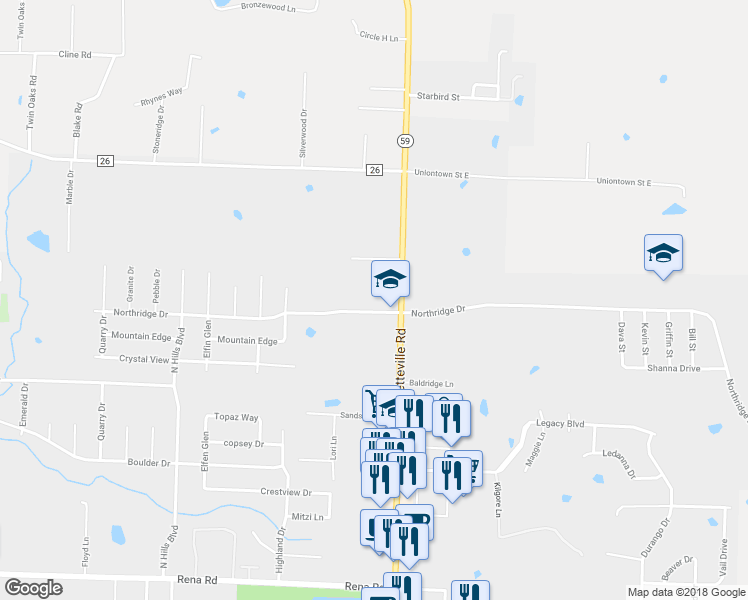 map of restaurants, bars, coffee shops, grocery stores, and more near 108 Northridge Drive in Van Buren