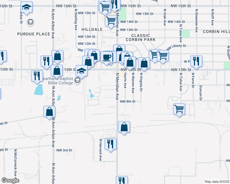 map of restaurants, bars, coffee shops, grocery stores, and more near 4504 Kenyon Drive in Oklahoma City