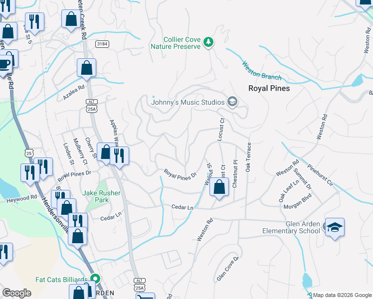 map of restaurants, bars, coffee shops, grocery stores, and more near 60 Hemlock Street in Arden