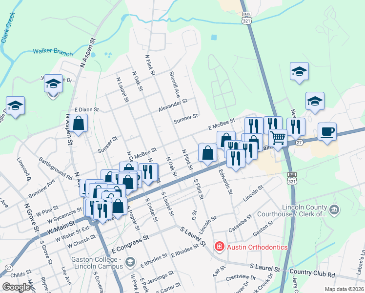 map of restaurants, bars, coffee shops, grocery stores, and more near 322 North Flint Street in Lincolnton